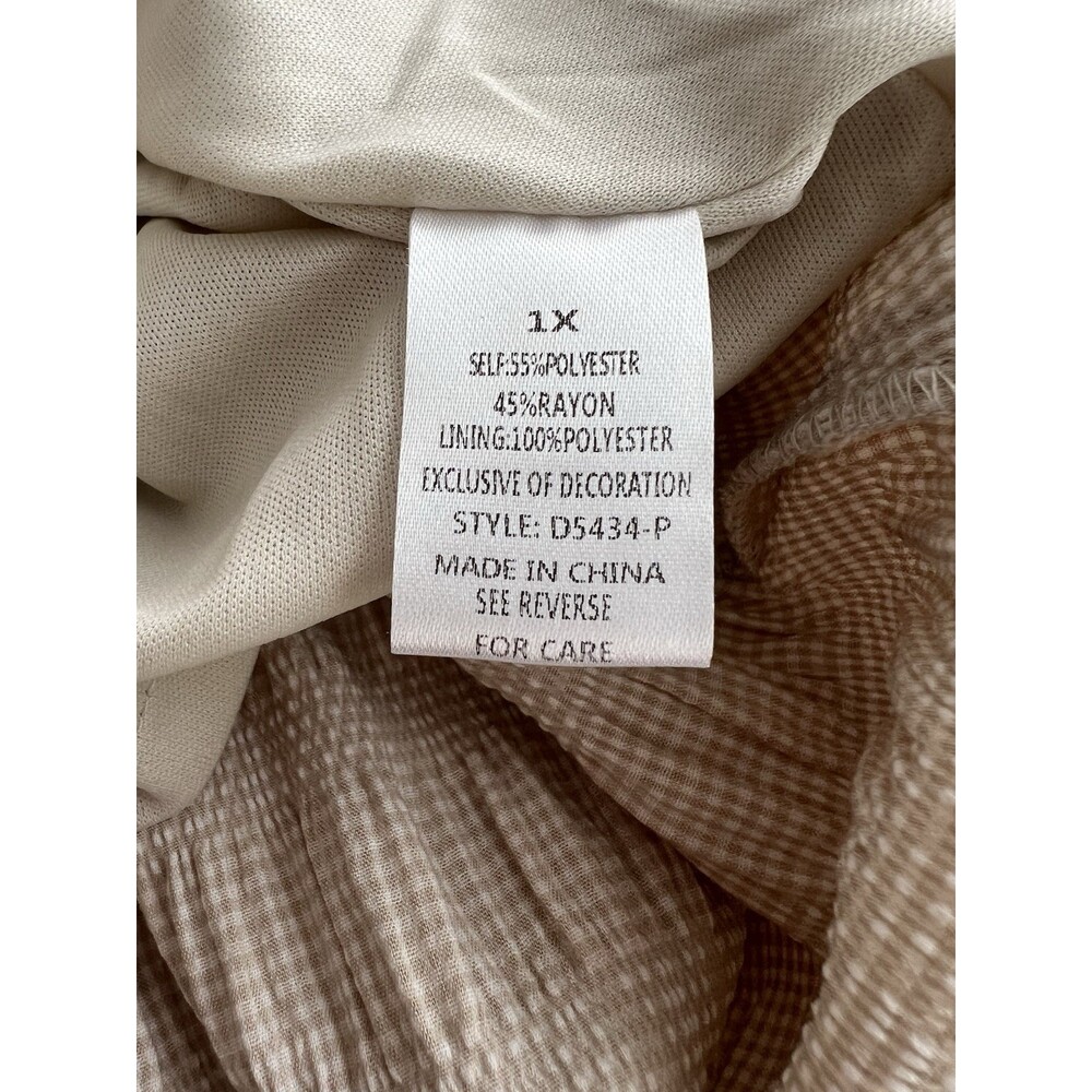 Piper & Scoot Midi Dress Crinkle Ruched Mini Gingham Print Beige White Plus 1X - Picture 7 of 12